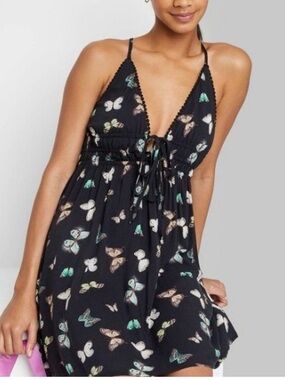 Wild Fable Black Butterfly Print Deep V Dress